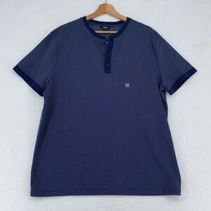 Express Performance Henley Shirt Blue Micro Pattern Short Sleeve Mens Size L